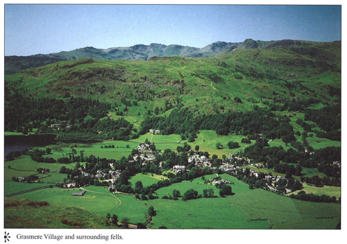 Grasmere Village and surrounding fells A4 Greetings Cards